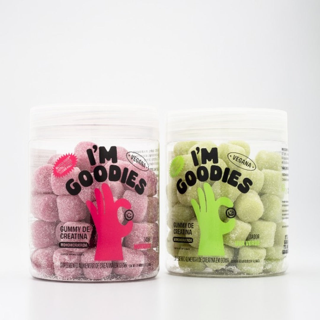 Os dois potes reais lado a lado, uva verde e morango, embalagens com o hand-logo da marca