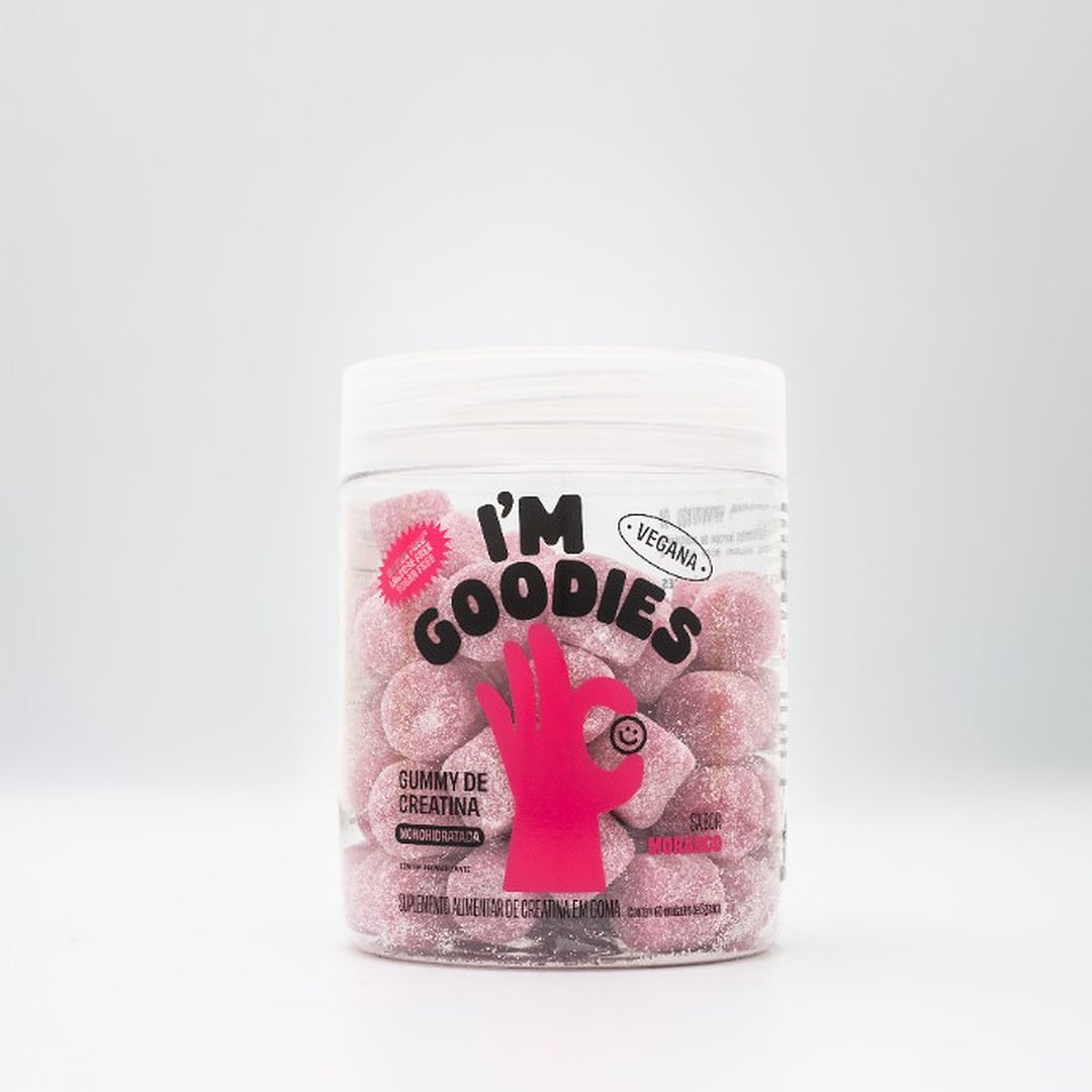 Pote real de I'M GOODIES sabor morango, embalagem rosa com o hand-logo da marca