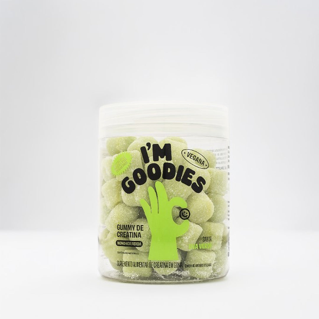 Pote real de I'M GOODIES sabor uva verde, embalagem verde com o hand-logo da marca